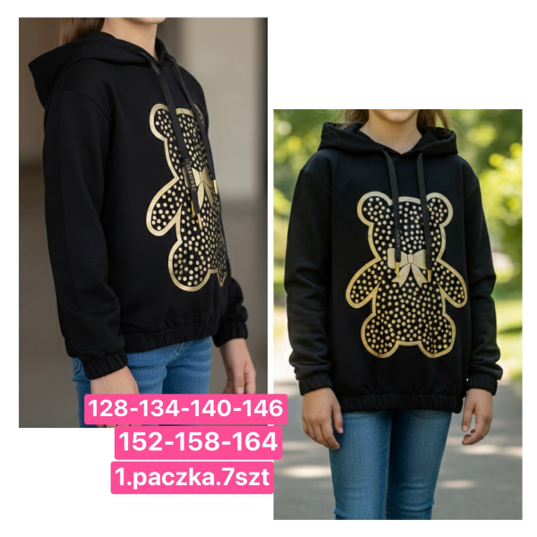 Bluzy dziewczęce Roz 128-164, 1 kolor Paczka 7 szt